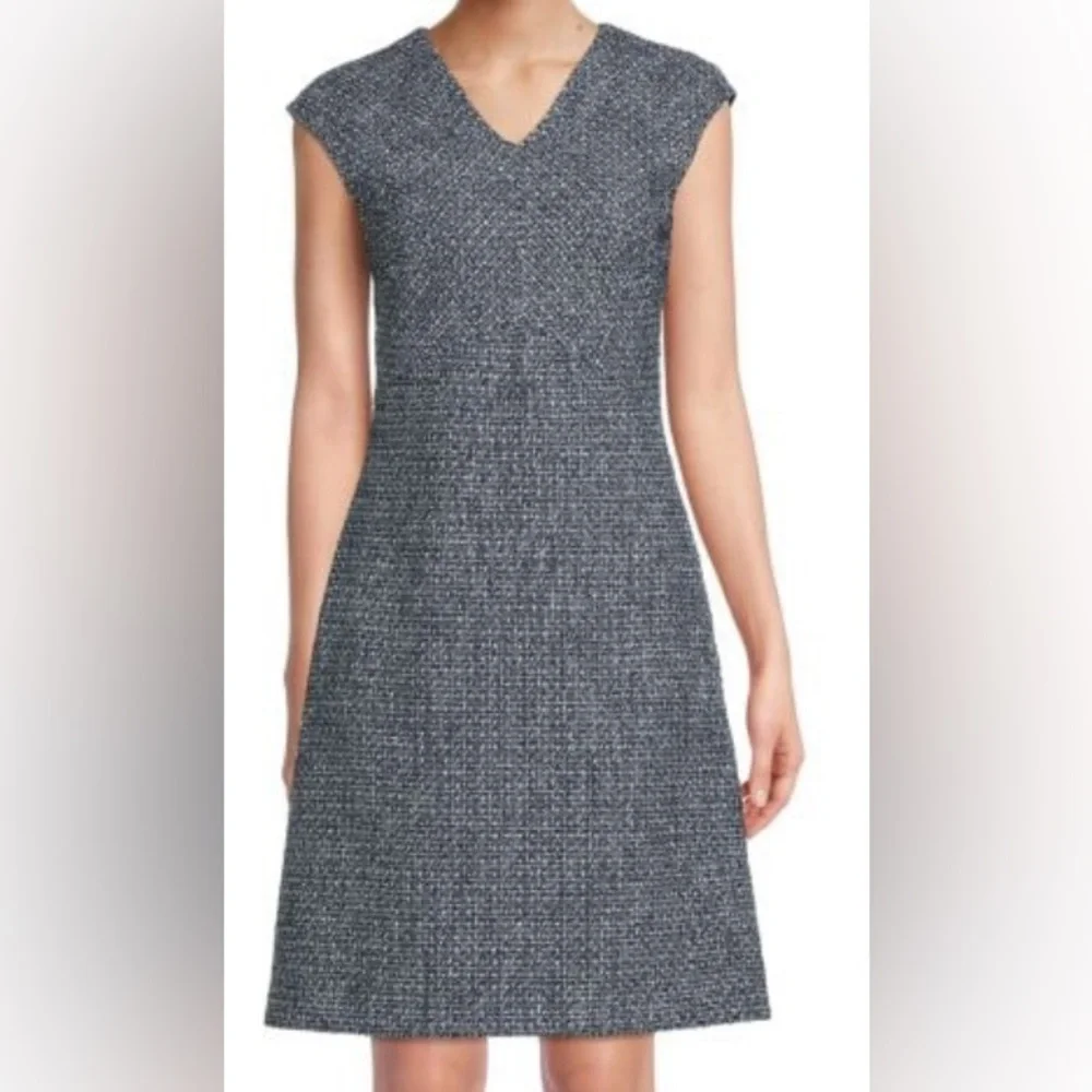 St. John‎ Tweed V-Neck A-Line Dress Black Blue Size 6 NWT